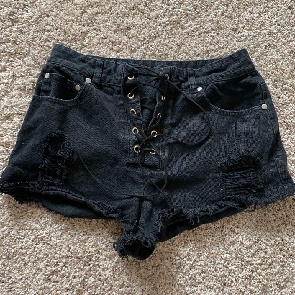 Black denim lace-up shorts